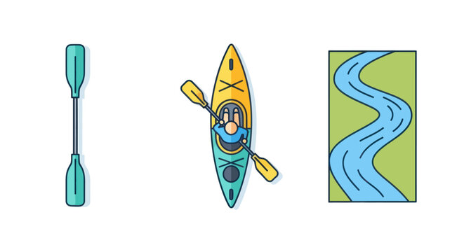 Colorful top-down view illustrations of a person kayaking a paddle and a winding river map.