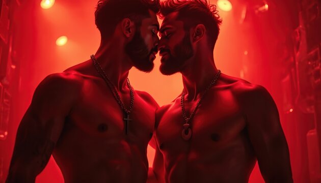 Two shirtless men in red light touch faces expressing affection. Gay couple shows love intimacy with chains. Passionate male pair share moment together showing strong emotional connection - Powered by Adobe