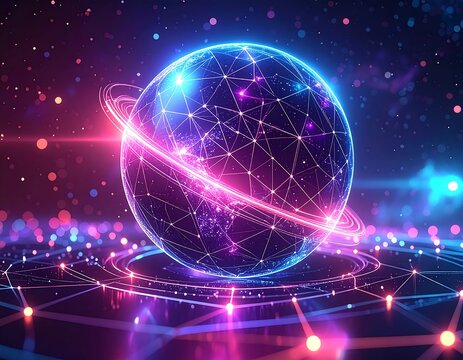 Digital globe surrounded by glowing network lines, bright rings, and particles - Powered by Adobe