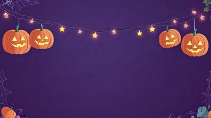 Halloween Purple PowerPoint Background with Cute Cartoon Pumpkins String Lights and Stars, Flat Vector Design, Blank Space for Text