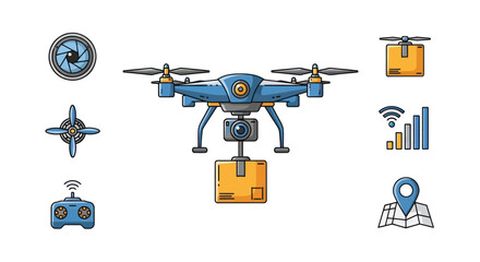 Delivery Drone with Camera and Package Icons.
