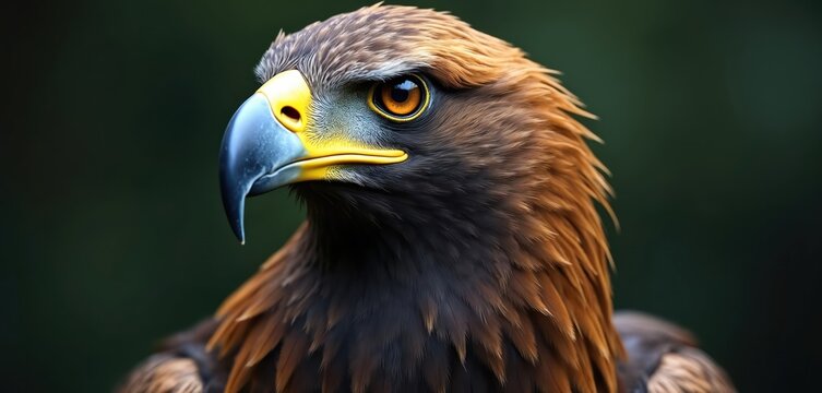 Majestic golden eagle portrait. Wild predator bird features sharp yellow beak, intense gaze. Brown plumage adorns eagle head. Symbol strength, freedom, sight perfect for posters, wildlife publication.