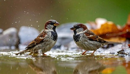 Two small birds perched on a water-filled rock surface in nature