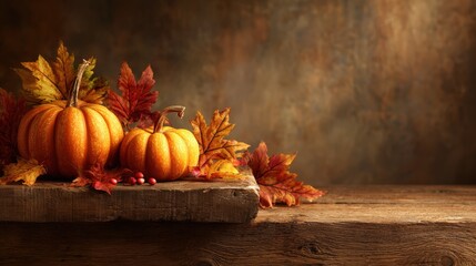 Cozy autumn scene featu vibrant orange pumpkins colorful fall leaves and a rustic wooden surface with warm earthy background
