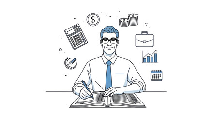 Professional Accountant Man Working on Financial Ledger with Business Icons Sketch.