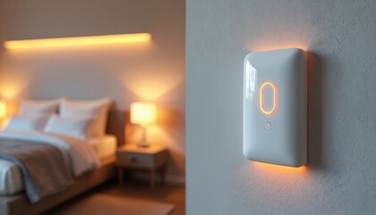 Modern smart light switch in bedroom. Warm ambient lighting illuminates interior. Wireless home automation device for comfort. Illustration of connected home technology. Digital control system in