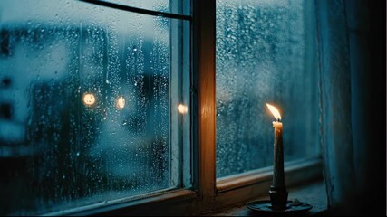 Cozy candlelight illuminates a window on a stormy evening. - Powered by Adobe