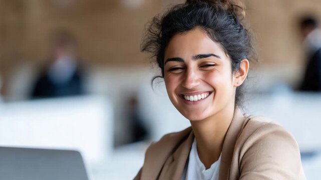 Young Woman Joyfully Laughing at Work, Embracing a Positive and Productive Atmosphere.