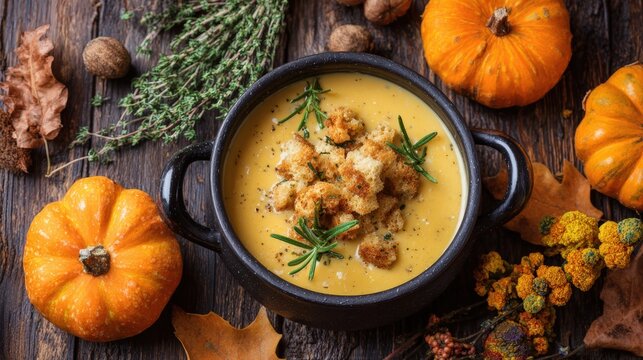 Warm Thanksgiving Pumpkin soup in a rustic black bowl surrounded by fresh pumpkins autumn leaves herbs and spices on wooden table - Powered by Adobe