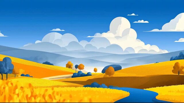 Vibrant Animated Autumn Landscape with Golden Fields and Hills.