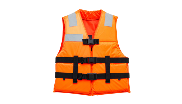 Bright orange life vest with reflective patches and black buckles