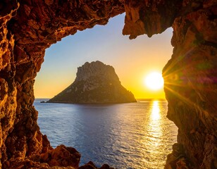 Coastal sunset view framed by a rocky cave opening over the water