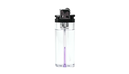 Transparent lighter showing fuel and a purple wick