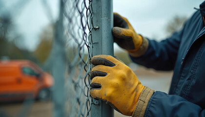 Worker installs metal mesh. Man secures fence on site. Yellow safety gloves protect hands. Security concept perimeter control. Workman works at construction site. Orange car stays behind. Safety