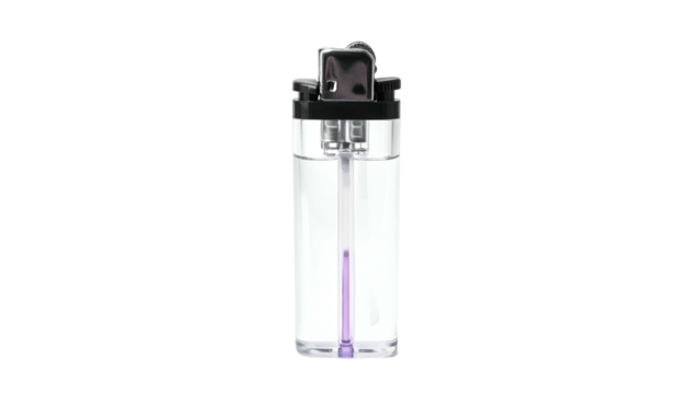 Transparent lighter showing fuel and a purple wick