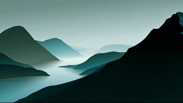 Serene Minimalist Mountain Landscape with Misty River Valley.