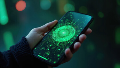 Person holds mobile phone with green futuristic graphic overlay. Device shows abstract design on screen. Modern smartphone displays tech pattern. Smart technologies are presented on cellphone in hand.