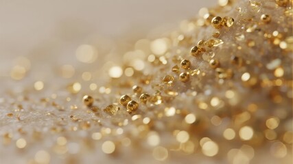 Close-up of golden glitter particles scattered on a soft surface, creating a sparkling and shiny texture.