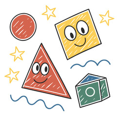 Hand drawn cute geometric shapes with faces cartoon vector illustration for kids learning