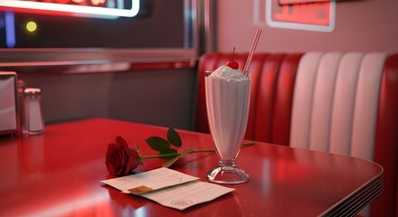 Romantic Date Night in a Retro Diner - Milkshake, Rose, and Love Letter on a Red Table