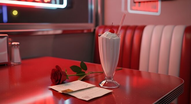 Romantic Date Night in a Retro Diner - Milkshake, Rose, and Love Letter on a Red Table