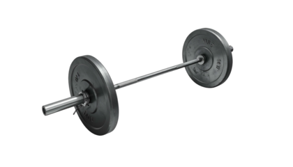 Metal barbell with gray weight plates, centered on a dark background