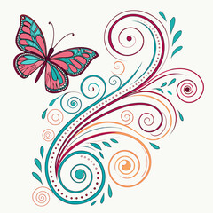 Hand drawn abstract butterfly swirls and spirals vector illustration for decorative design