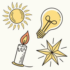 Collection of hand-drawn light source illustrations sun candle light bulb star icon vector