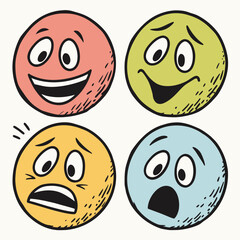 Hand sketched reaction face emojis vector icons for emotional expression and communication