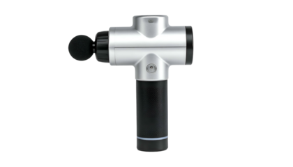 Silver and black handheld massage gun on a black background