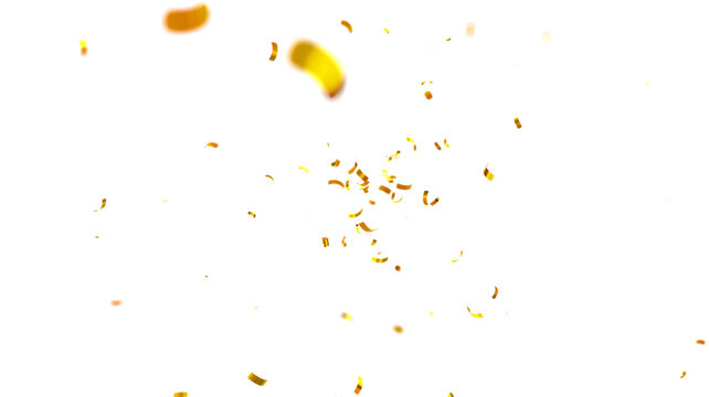 Falling isolated Gold Confetti. Glitter celebration PNG, Falling shiny gold confetti overlay on transparent background. 3d Rendering Transparent Confeti. Glossy golden festive tinsel. party, holiday,