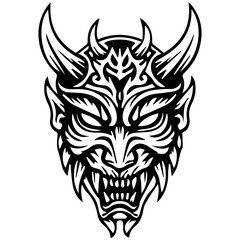 Tribal Demon Mask Vector Illustration – Evil Oni Face Tattoo Design in Black and White