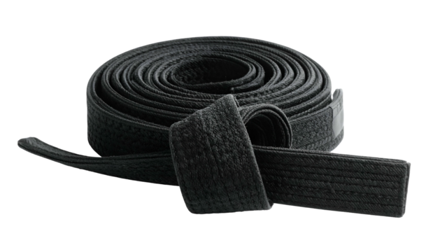 Black martial arts belt coiled tightly against a dark background