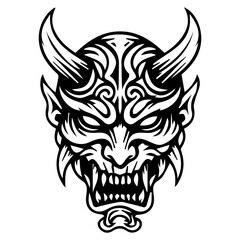 Obraz premium Tribal Demon Mask Vector Illustration – Evil Oni Face Tattoo Design in Black and White