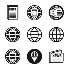Journalism and media icon set featuring news papers and global communication symbols