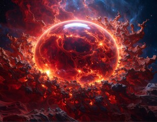 Cosmic fiery sphere bursting with energy amidst swirling nebulae