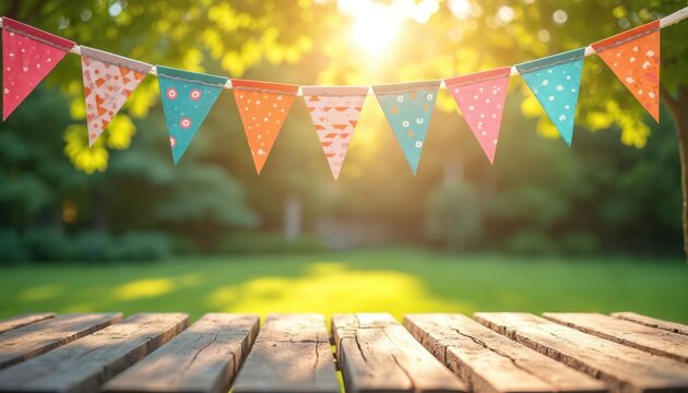 Colorful party bunting flags hang over a rustic wooden table outdoors. Bright sunlight shines through green trees, setting a cheerful scene for a summer celebration or picnic event. - Powered by Adobe