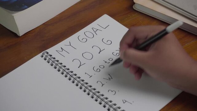 Person wrote "Wake up Early" in his 2026 goal on his notebook. On a wooden table.