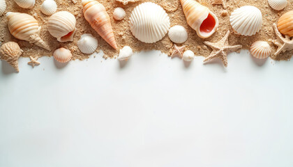 Seashells and starfish rest on sand against a white background. Coastal elements in a natural arrangement. Summer vacation beach theme with a relaxing aesthetic. Suitable for various design projects.