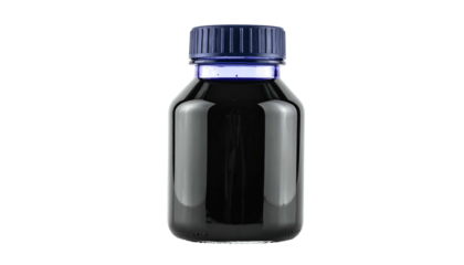 Dark liquid in clear glass bottle with a textured navy blue cap