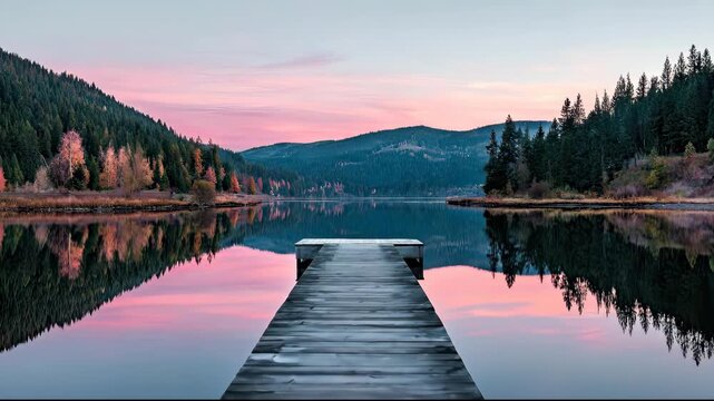 Wooden Pier on a Calm Mountain Lake at Sunset.