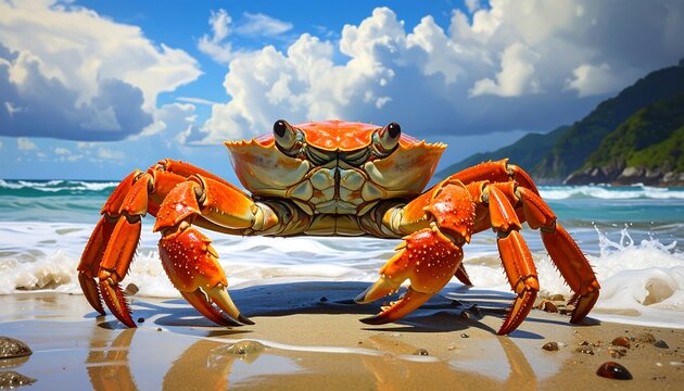 A vibrant, digitally created crab stands on a sandy beach with crashing waves and rolling hills under a blue sky with fluffy clouds