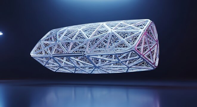 Futuristic Geometric Structure Floating in a Dark, Reflective Space.