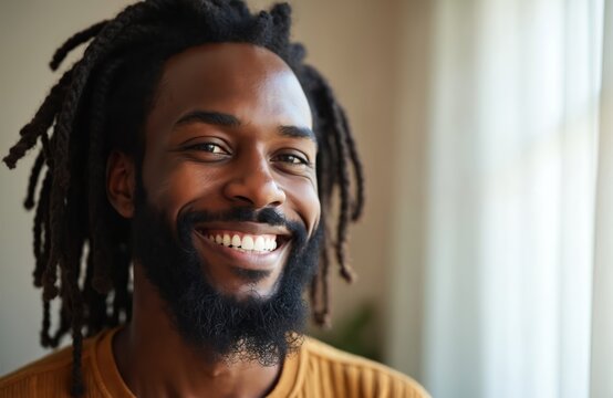 Close up photo of smiling Black man. The man has dreadlocks, a well groomed beard. He looks cheerful and confident. Soft natural light brightens his face