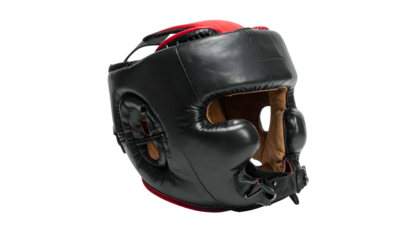 Black, red padded headgear for boxing, viewed from a side angle