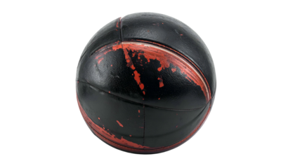 Worn black basketball, faded red paint, against a black background