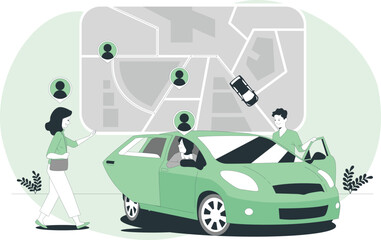 Ride-sharing service with passengers and driver on a map background Keywords: ride sharing, car sharing, transportation, app, service, navigation, map, route, GPS, car, vehicle, driver