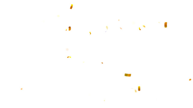 Falling isolated Gold Confetti. Glitter celebration PNG, Falling shiny gold confetti overlay on transparent background. 3d Rendering Transparent Confeti. Glossy golden festive tinsel. party, holiday,