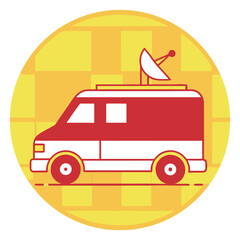 Fototapeta premium News broadcast van icon with satellite dish for media journalism communications coverage