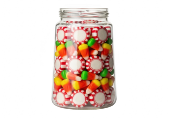 A glass jar filled with candy corn and peppermint candies isolated on transparent background, perfect for halloween treats, party favors, and sweet decorations